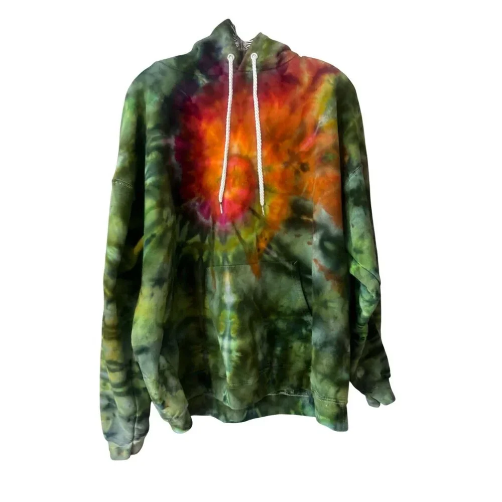 Vintage Hanes Tie-Dye Hooded Sweatshirt XG Ultimate Cotton Blend Green & Orange - Picture 3 of 6